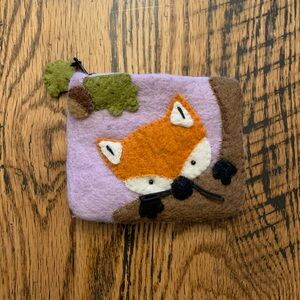 FOX  100% Boiled Wool Coin Purse Made In Nepal. Appliqué